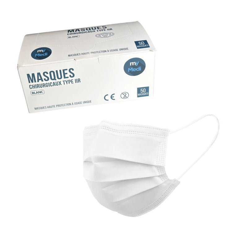 Masque chirurgical - 3 plis de type IIR - Norme EN14683 - Certification CE - Boîte de 50 masques - 3 coloris - My Médical My Medical  Blanc